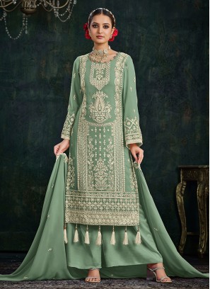 Palazzo Salwar Kameez Embroidered Faux Georgette in Green