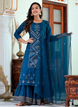 Palazzo Salwar Kameez Embroidered Silk in Teal