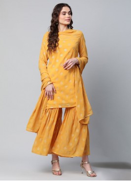 Palazzo Salwar Kameez Foil Print Georgette in Mustard