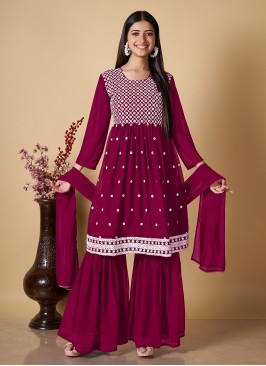 Palazzo Suit Embroidered Georgette in Hot Pink