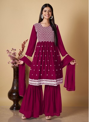 Palazzo Suit Embroidered Georgette in Hot Pink