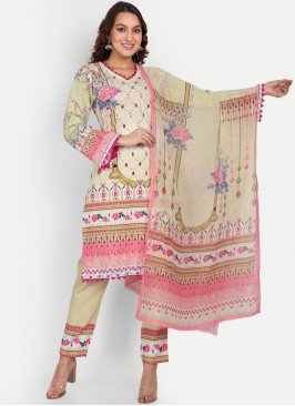 Pant Style Suit Digital Print Muslin in Cream