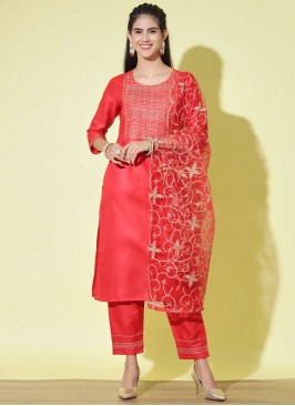 Pant Style Suit Embroidered Cotton in Red