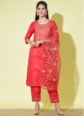 Pant Style Suit Embroidered Cotton in Red