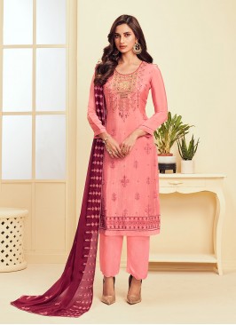 Pant Style Suit Embroidered Faux Georgette in Pink