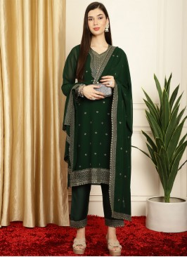 Pant Style Suit Embroidered Georgette in Green