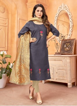 Pant Style Suit Embroidered Handloom Cotton in Grey