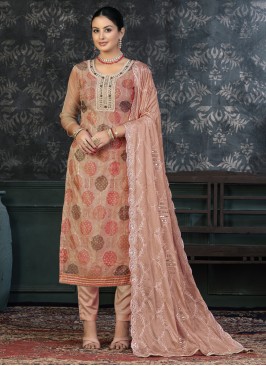 Pant Style Suit Embroidered Organza in Brown
