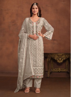 Pant Style Suit Embroidered Organza in Grey