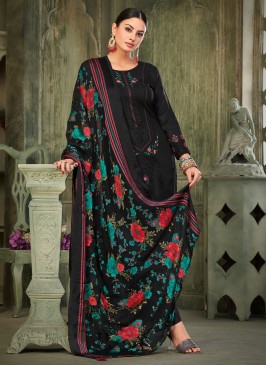 Pant Style Suit Embroidered Pashmina in Black