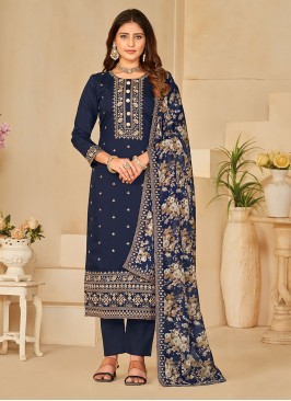 Pant Style Suit Embroidered Silk in Blue