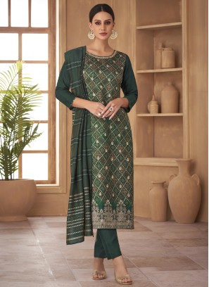 Pant Style Suit Printed Jacquard Silk in Green