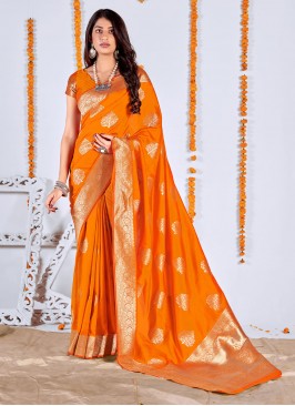 Paramount Banarasi Silk Orange Classic Designer Saree