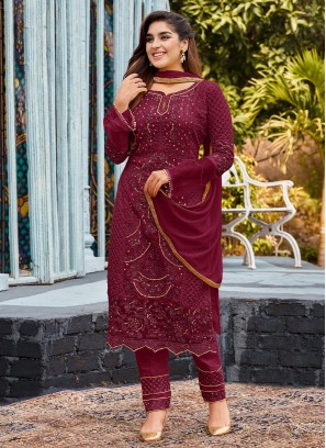 Paramount Embroidered Faux Georgette Rani Pant Style Suit