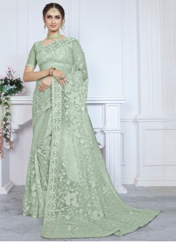 Paramount Embroidered Net Green Trendy Saree