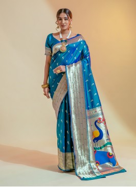 Paramount Zari Turquoise Silk Trendy Saree