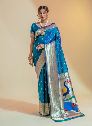 Paramount Zari Turquoise Silk Trendy Saree