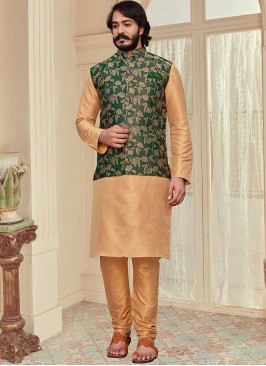 Party Wear Cream And Green Kurta Jacket Set