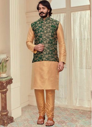 Party Wear Cream And Green Kurta Jacket Set