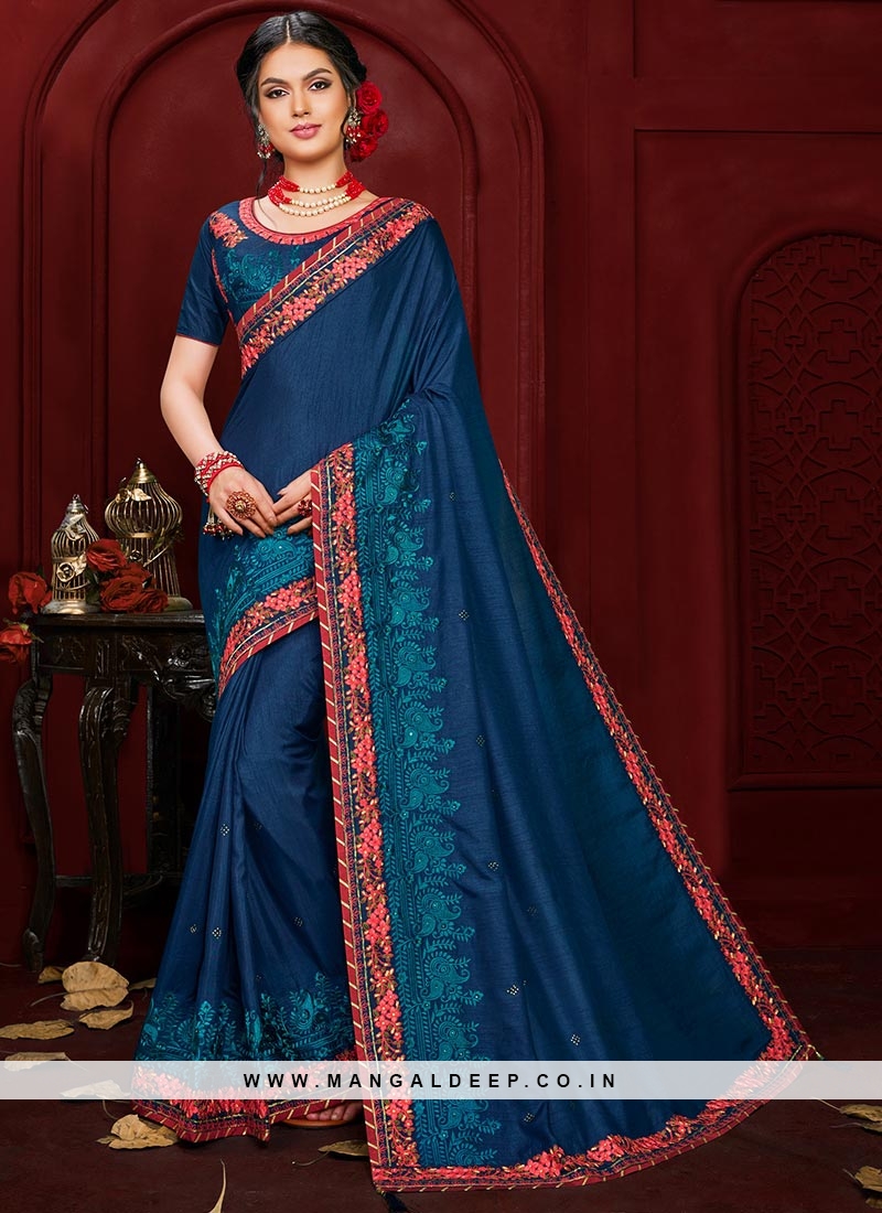 Party Wear Embroidered Saree In Blue Color