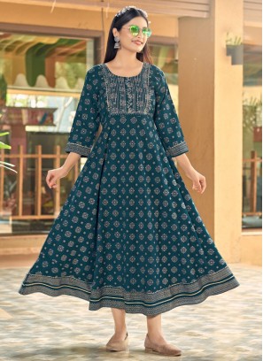Party Wear Kurti Foil Print Rayon in Teal