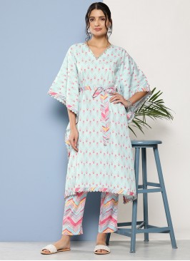 Party Wear Kurti Printed Crepe Silk in Aqua Blue