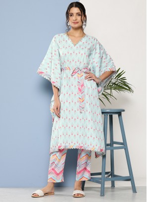 Party Wear Kurti Printed Crepe Silk in Aqua Blue