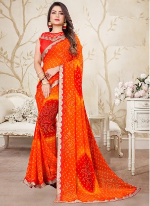 Party Wear Orange Color Bandhani Saree