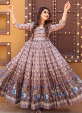 Pastel Pink Color Printed Chanderi Gown