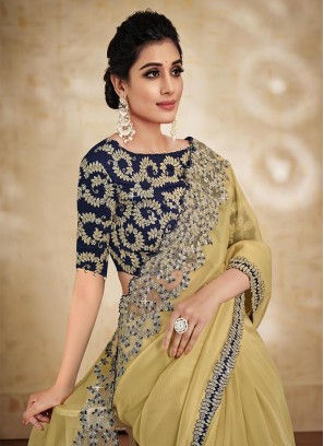 Pastel yellow colour flora embroidery work saree