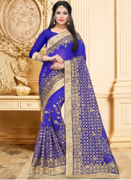 Patch Border Faux Georgette Classic Saree in Blue