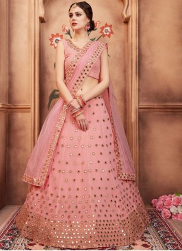 Patch Border Faux Georgette Lehenga Choli in Peach