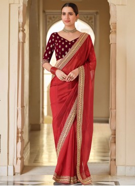 Patch Border Organza Classic Saree in Red