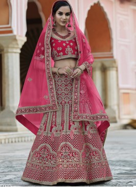 Patch Border Velvet Lehenga Choli in Pink