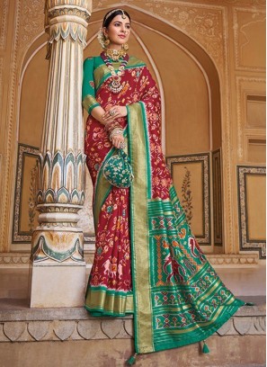 Patola Print Patola Silk  Designer Saree in Green and Maroon