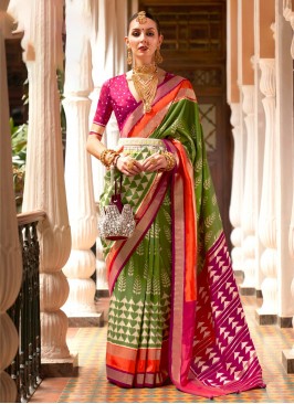 Patola Print Silk Classic Saree in Green