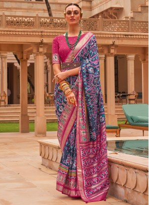 Patola Silk  Classic Saree in Navy Blue