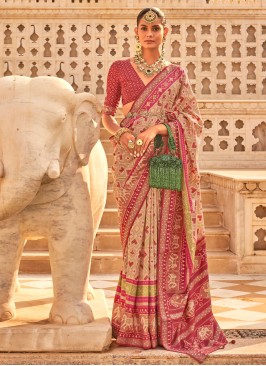 Patola Silk  Contemporary Saree in Peach and Pink