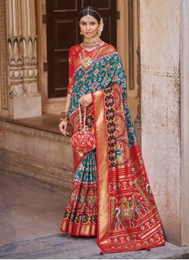 Patola Silk  Designer Saree in Red and Teal