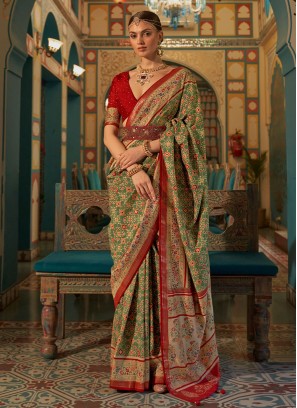 Patola Silk  Green Weaving Trendy Saree