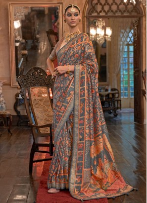Patola Silk  Grey Weaving Trendy Saree