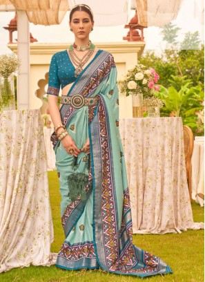 Patola Silk  Patola Print Sea Green Contemporary Saree