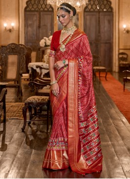 Patola Silk  Printed Red Trendy Saree