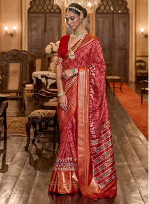 Patola Silk  Printed Red Trendy Saree