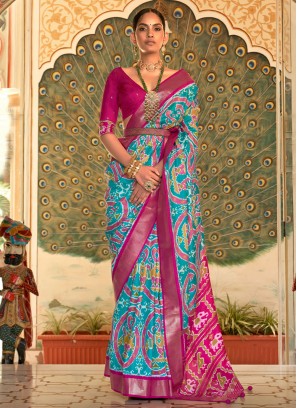 Patola Silk  Saree in Aqua Blue