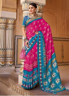 Patola Silk  Saree in Aqua Blue and Pink