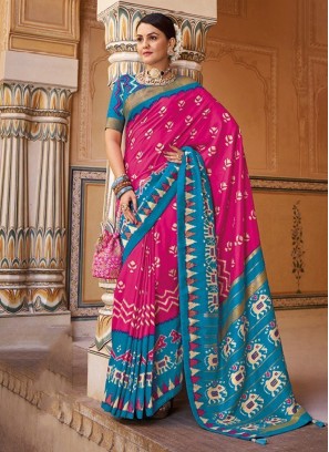 Patola Silk  Saree in Aqua Blue and Pink