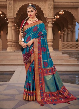 Patola Silk  Teal Contemporary Saree