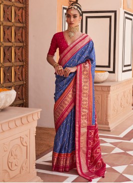 Patola Silk  Weaving Blue Contemporary Saree
