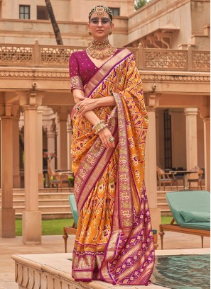 Patola Silk  Yellow Foil Print Traditional Saree